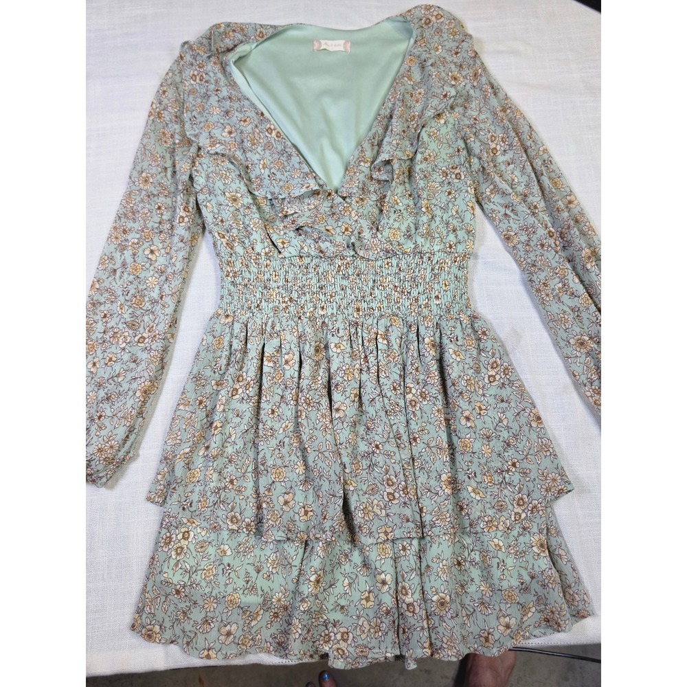 Altar'd State Provence Q6 Floral Smocked Ruffle Mini Dress Sage Green Small
